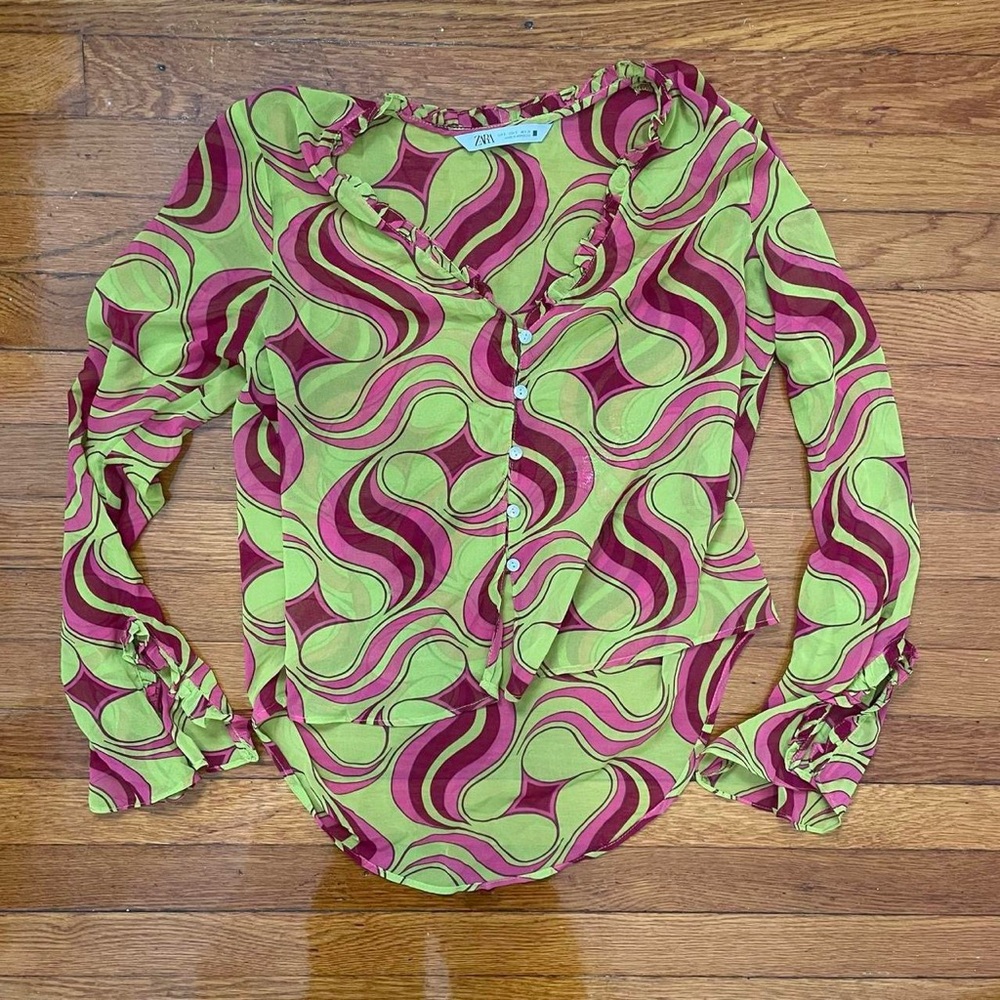 Zara Lime Green & Magenta Swirl Ruffle-Trim Button Front Blouse